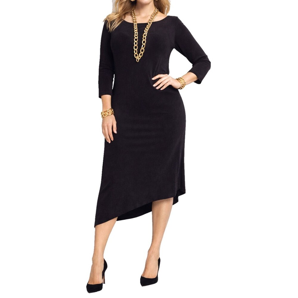 Chicos Travelers NWT Black Dress Womens Chicos Sz 2P (L) Asymetrical Hem